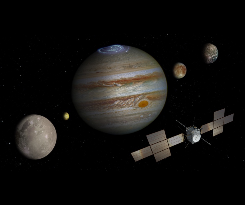 Image composite of Jupiter, Io, Europa, Ganymede, and Callisto, with illustration of Juice spacecraft
