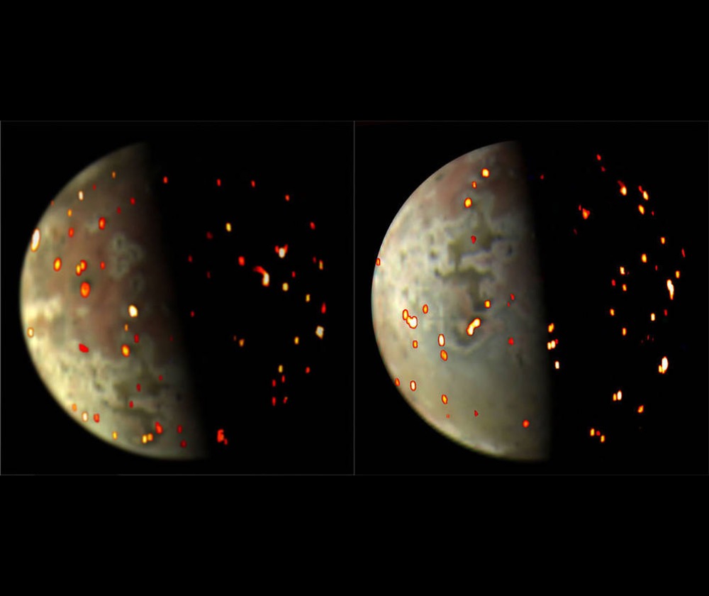 Juno observed Jupiter's moon Io in visible and infrared light during a May 1, 2023 flyby, yielding this composite view showing hot spots across the surface of the solar system's most volcanically active world