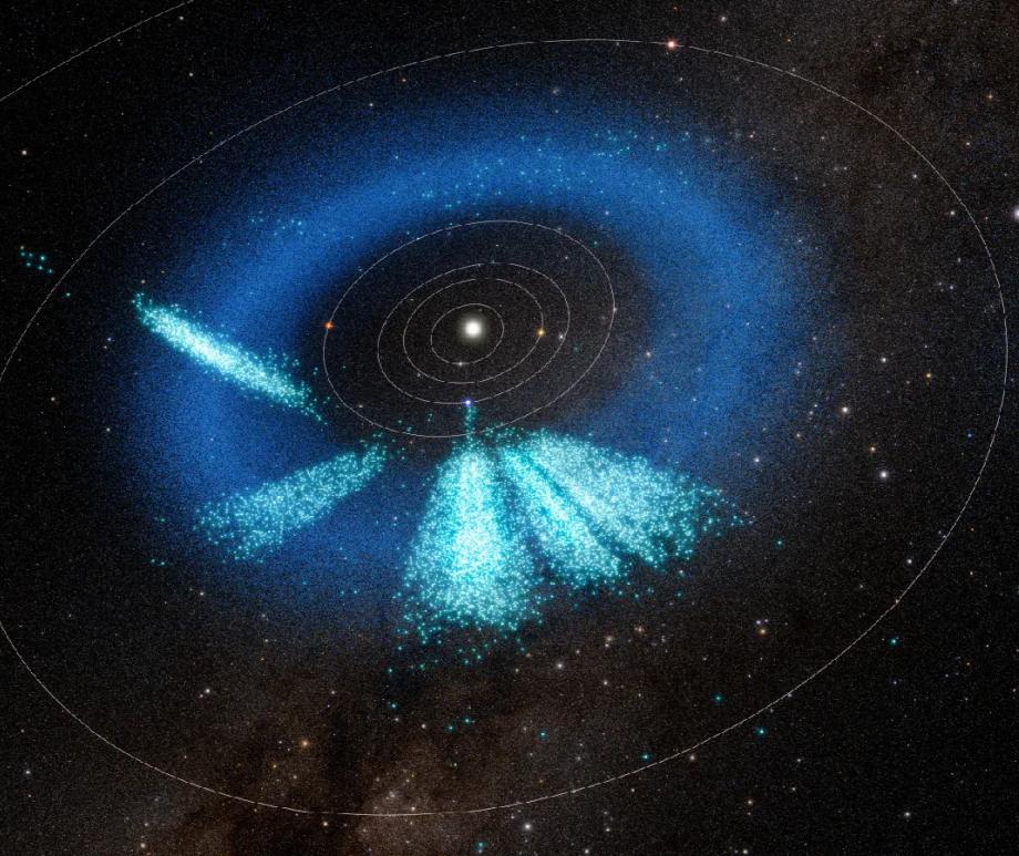 A still from an animation that shows the inner solar system populated with known asteroids in dark blue and asteroids discovered by Rubin in light teal.