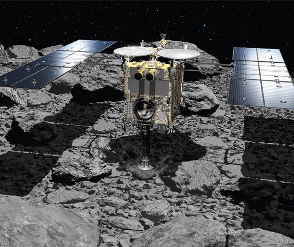 Artwork showing the Hayabusa2 spacecraft retrieving a sample from the surface of the asteroid Ryugu