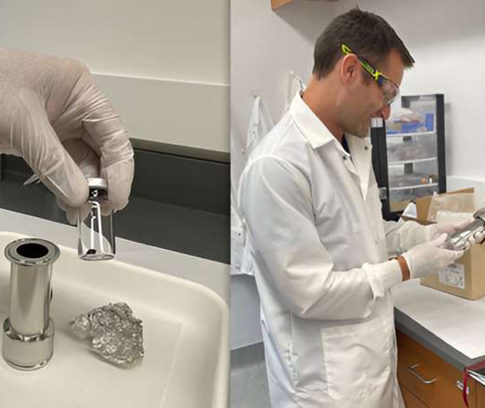 Voila: 120 milligrams of genuine Bennu sample. Greg Brennecka looks in awe as the Bennu sample is removed from the stainless steel container that held it