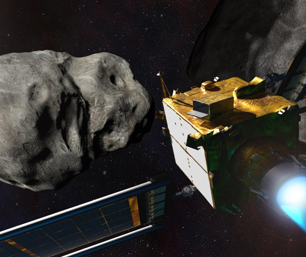 An illustration depicting NASA's Double Asteroid Redirection Test (DART) spacecraft prior to impact at the Didymos binary asteroid system