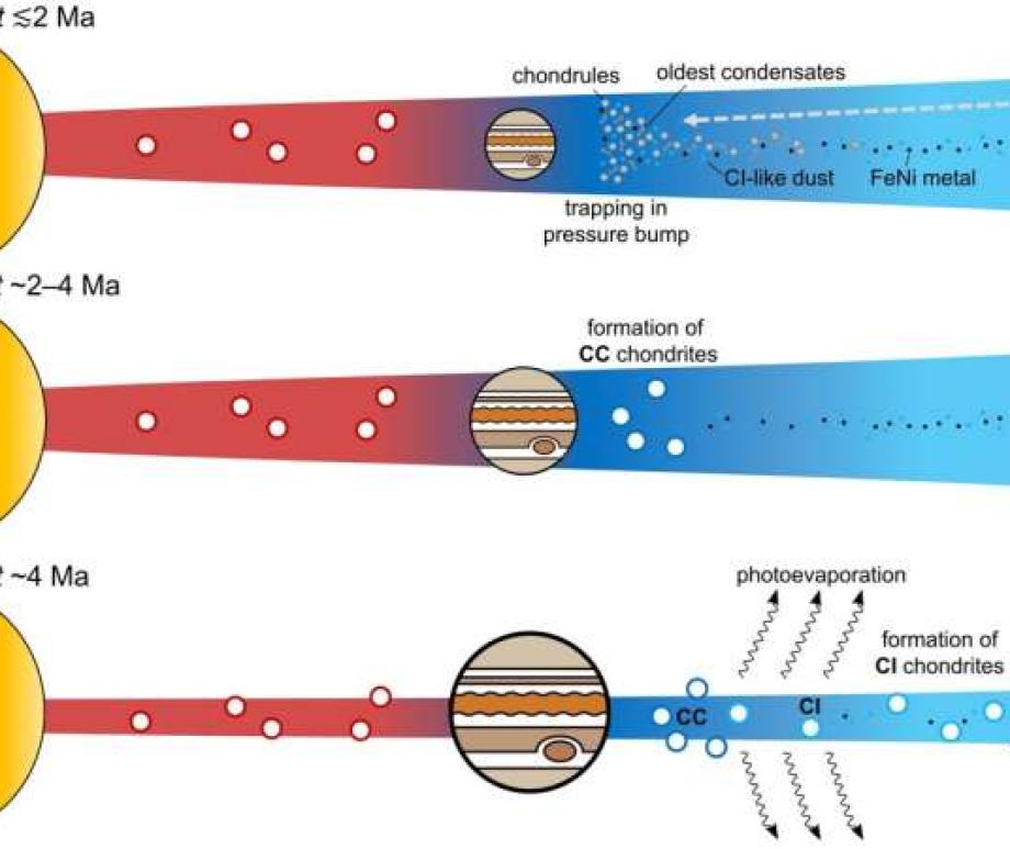 About two million years after the formation of the Solar System, the first carbonaceous chondrites made of dust, chondrules, early condensates and iron-nickel grains agglomerated outside the orbit of the still young Jupiter