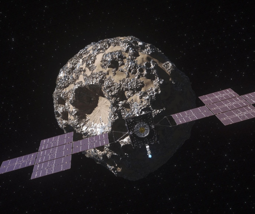 This illustration depicts NASA’s Psyche spacecraft as it approaches the asteroid Psyche