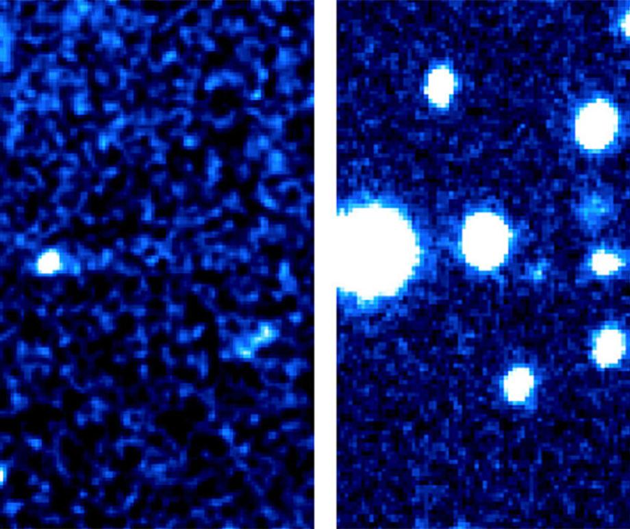 Images of 456P/PANSTARRS taken with the Magellan-Baade telescope in Chile on October 3, 2024, and the Lowell Discovery Telescope in Arizona on October 26, 2024, where the head, or nucleus, of the comet is at the center of each image, and the tail extends to the right