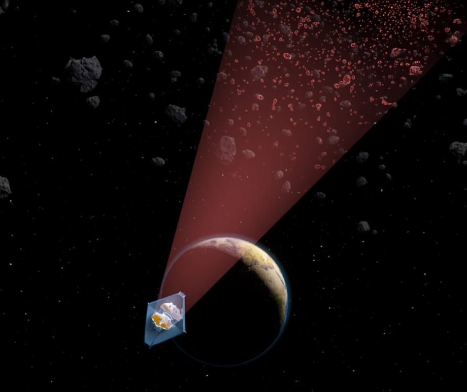 An artist’s illustration of NASA’s James Webb Space Telescope revealing, in the infrared, a population of small main-belt asteroids