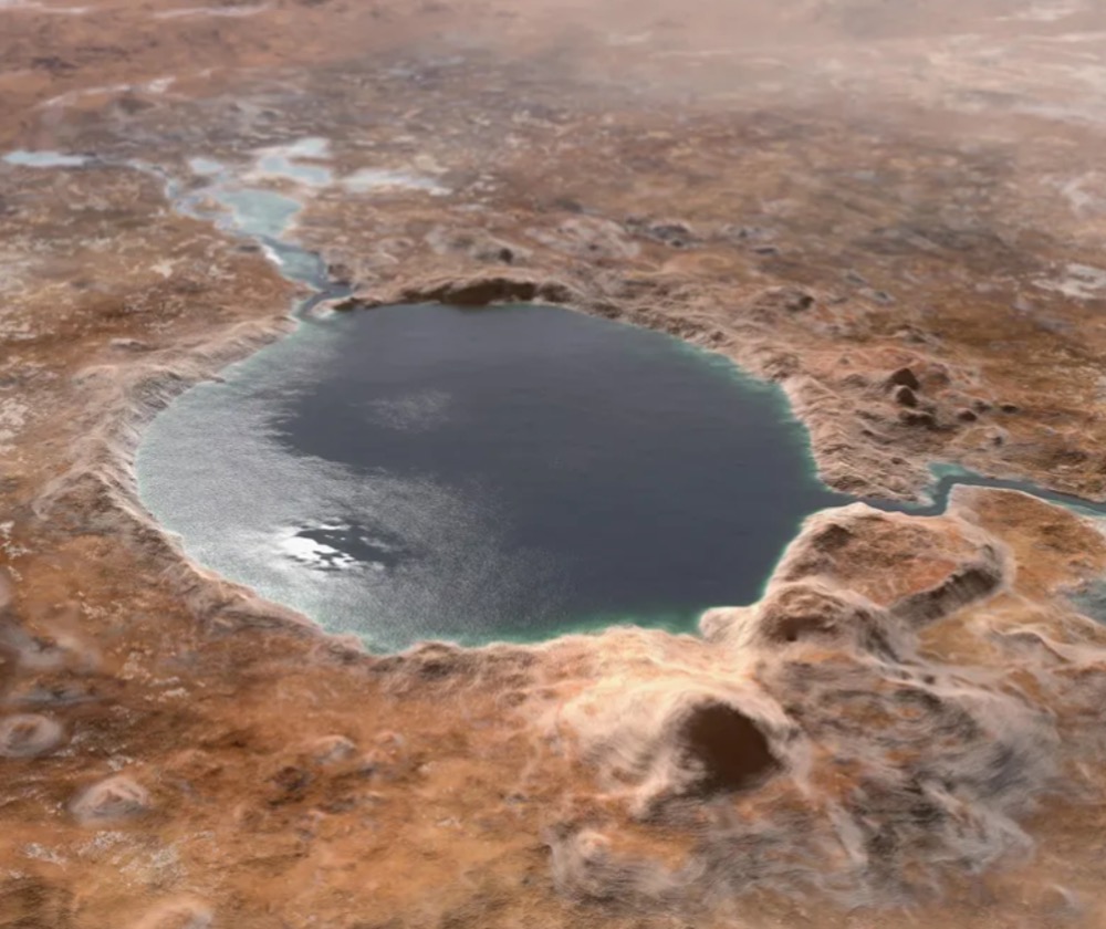 An illustration of Jezero Crater, the landing locale of the Mars 2020 Perseverance rover as it might have appeared billions of years ago when it was perhaps a life-sustaining lake