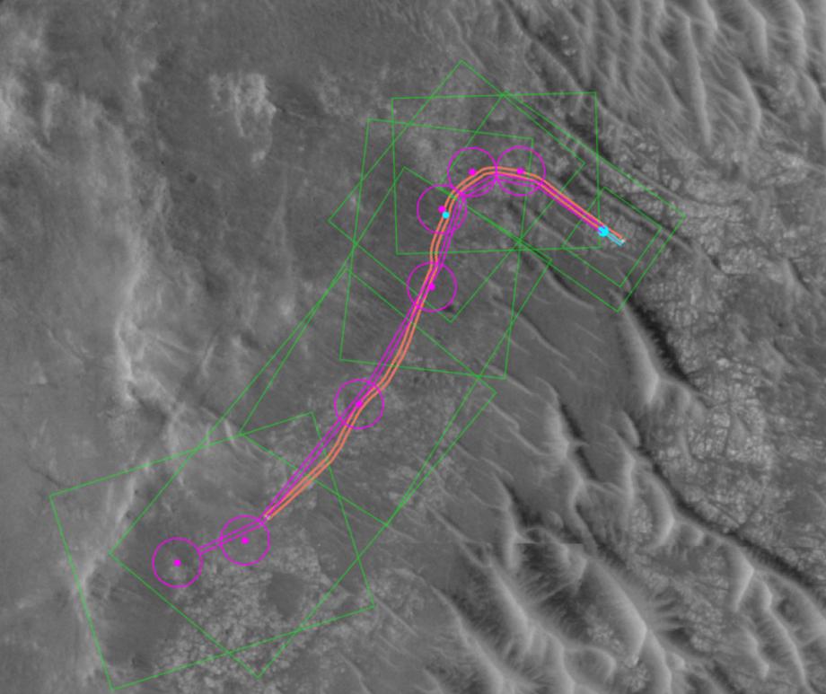This annotated orbital image depicts the AI-planned (depicted in magenta) and actual (orange) routes the Perseverance Mars rover took during its Dec. 10, 2025, drive at Jezero Crater. Credit: NASA/JPL-Caltech/UofA