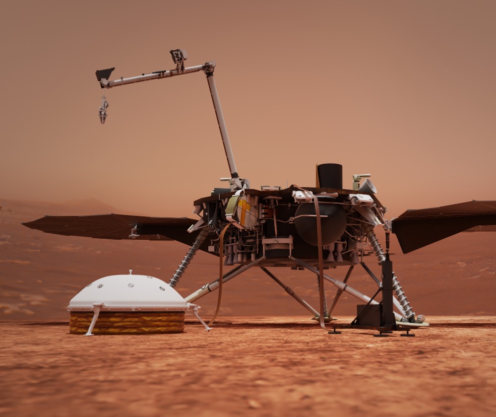 InSight’s seismometer (white capsule, lower left, as shown in this 3D illustration) helped the spacecraft size up the Red Planet’s crust, mantle, and core