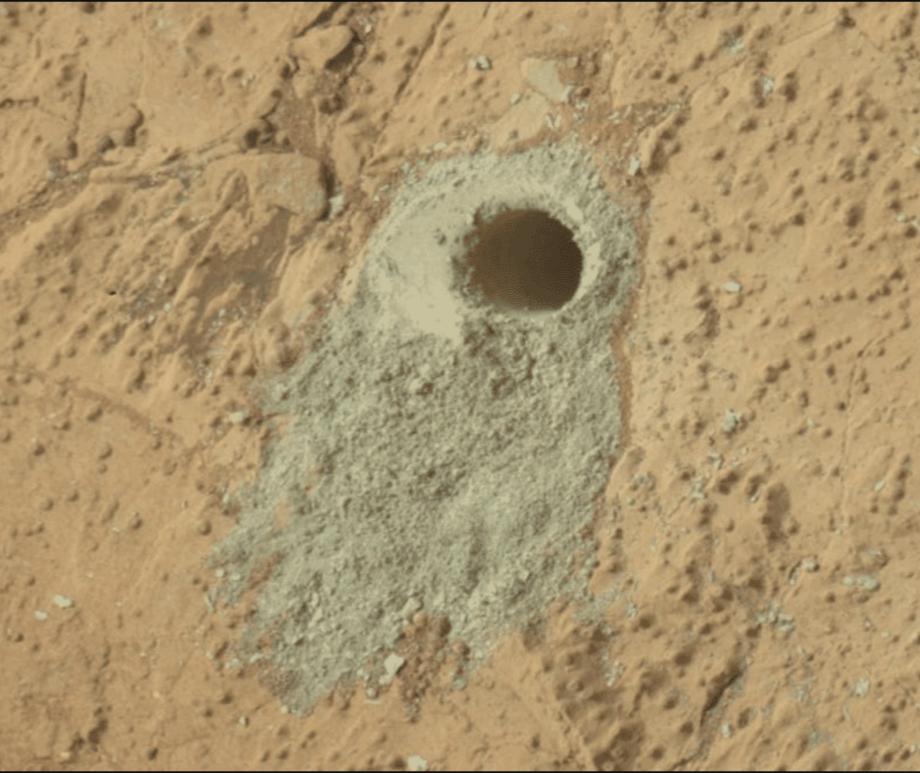 A gif showing the Cumberland Drill Hole, where Curiosity took a sample containing organic molecules.
