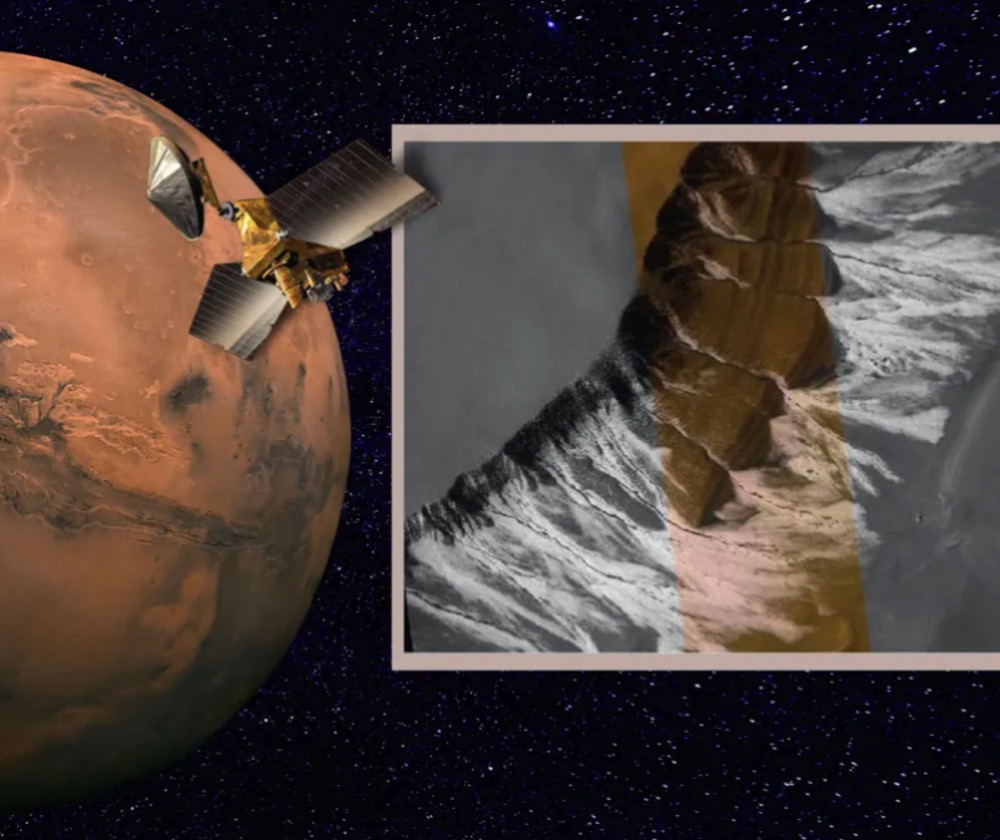 TIllustration of NASA's Mars Reconnaissance Orbiter investigating Mars. Inset: a satellite image of Martian gullies with carbon dioxide ice visible at their edges