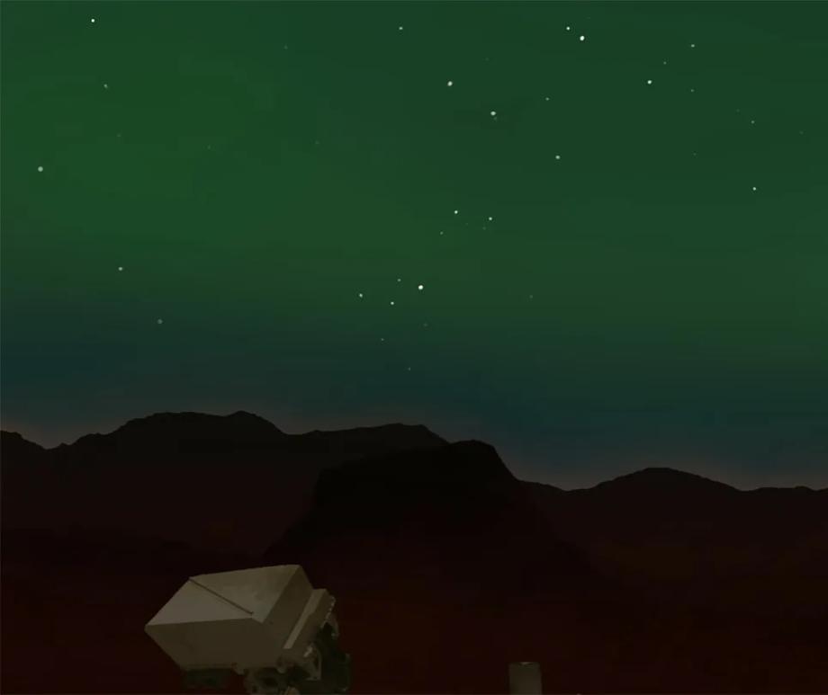 Martian auroras may appear to future astronauts as a faint, green glow that hangs low in the night sky, as shown in this illustration.