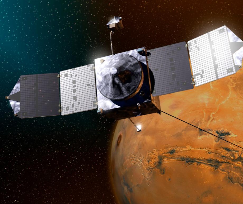 Artist’s concept of NASA’s MAVEN spacecraft at Mars.