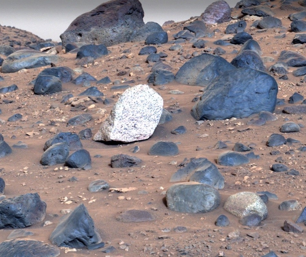 A closer look at the boulder the Perseverance rover spotted on Mars. This is an enhanced-color version of the mosaic