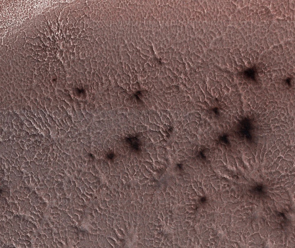 Dark splotches seen in this example of araneiform terrain are believed to be soil ejected from the surface by carbon dioxide gas plumes