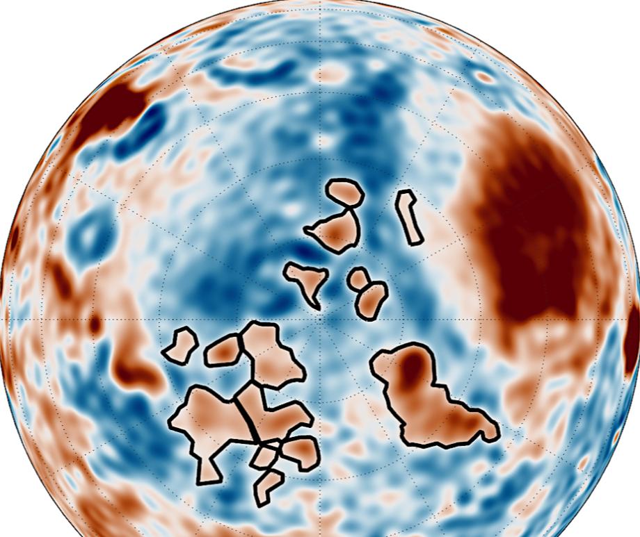 Map highlighting the dense gravitational structures in the northern hemisphere.