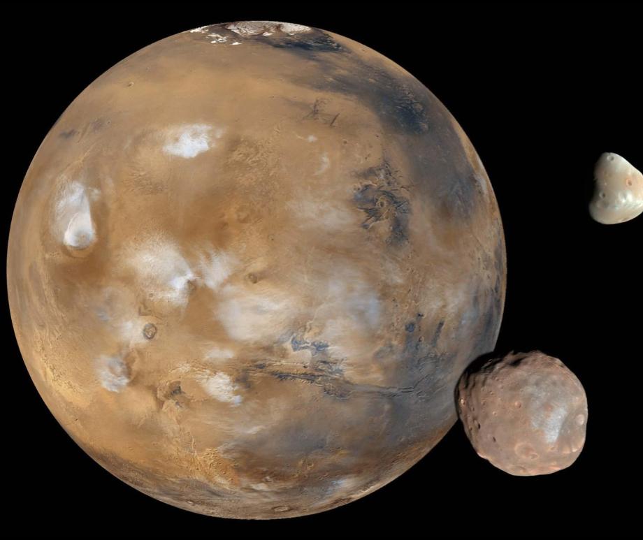 Mars with its two moons Phobos and Deimos