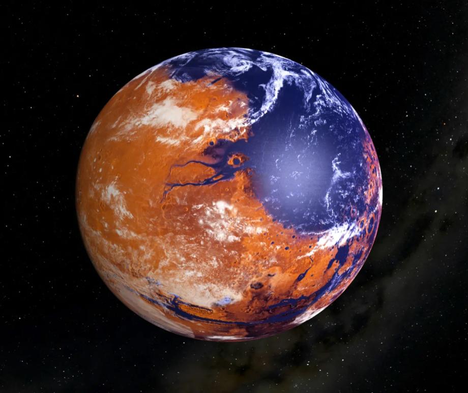 This is an artist's concept of an early Mars with liquid water (blue areas) on its surface.