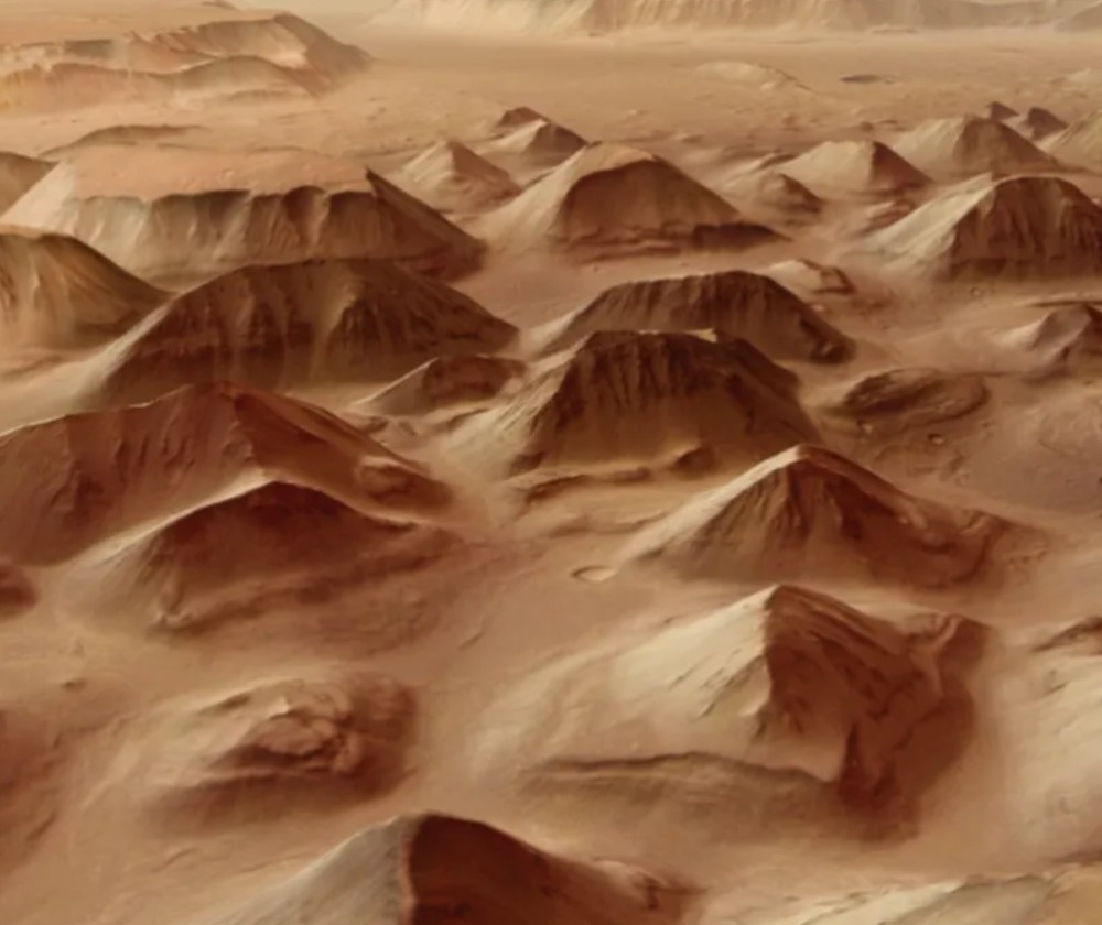 A simulated view of the 'chaos terrain' at Hydraotes Chaos on Mars, based on data from the European Space Agency's Mars Express orbiter