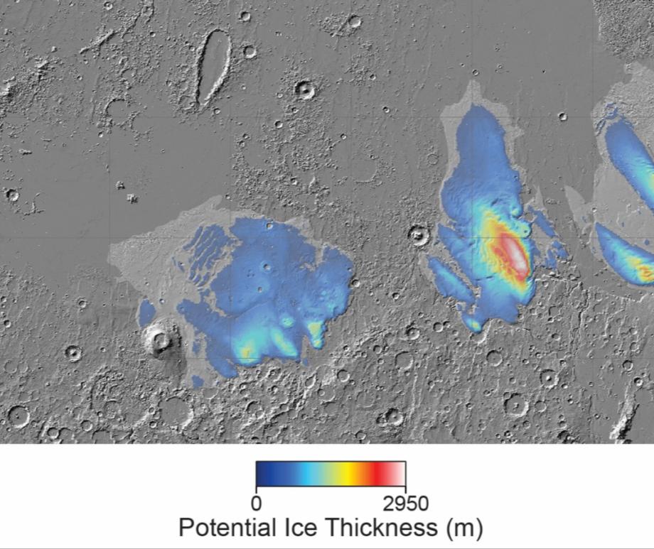Water ice near the Medusae Fossae Formation (MFF) at Mars' equator, as seen by the European Space Agency's Mars Express spacecraft. (Image credit: Planetary Science Institute/Smithsonian Institution)