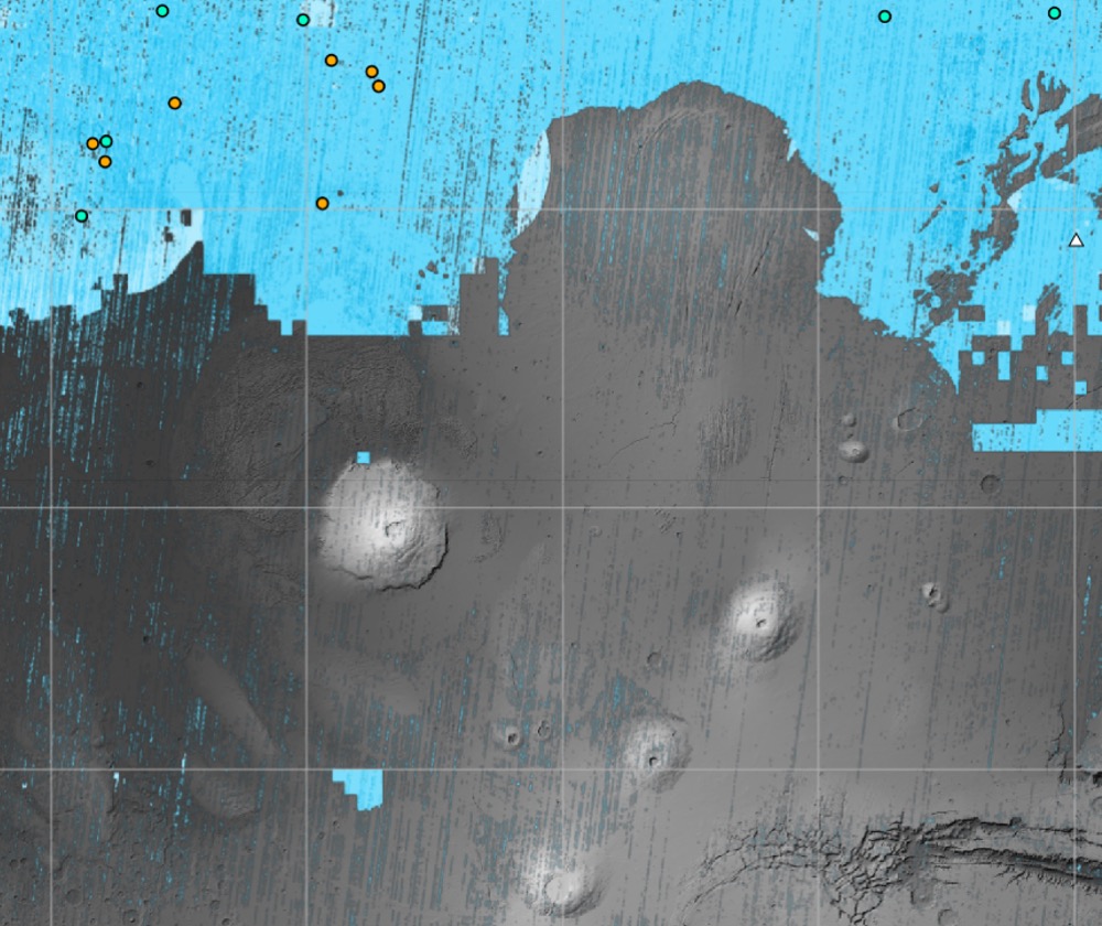 The blue areas on this map of Mars are regions where NASA missions have detected subsurface water ice