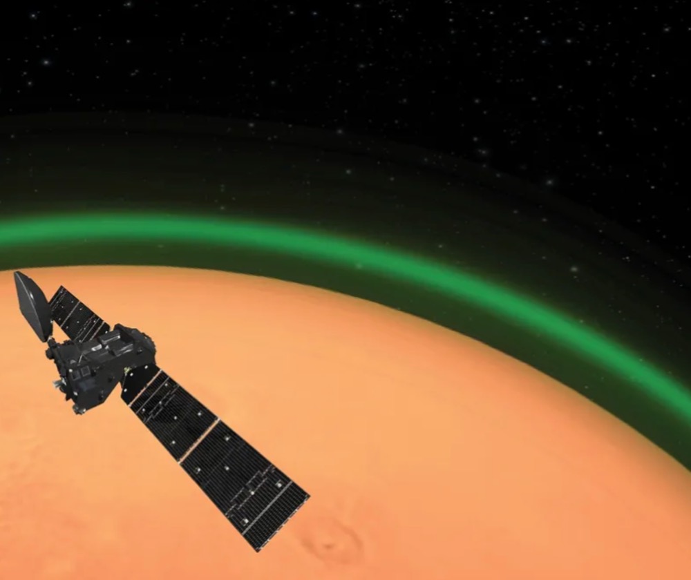 Artist's impression of ESA's ExoMars Trace Gas Orbiter detecting the green glow of oxygen in the Martian atmosphere