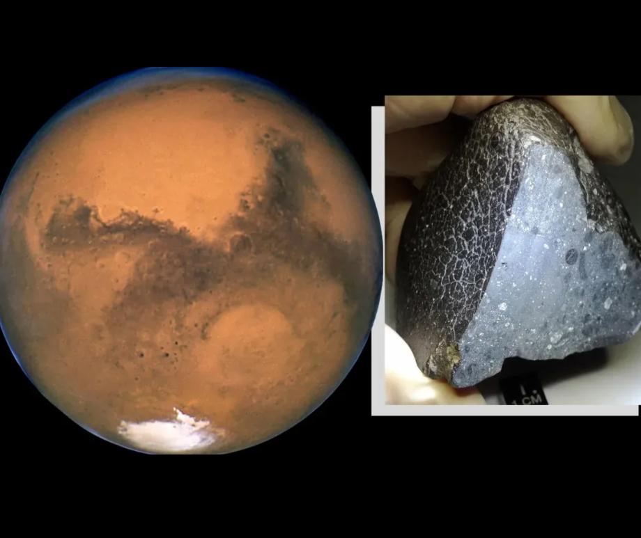 (Left) an image of Mars as the dry and arid planet we know today (right) the Mars meteorite Black Beauty which indicates the planet's watery past