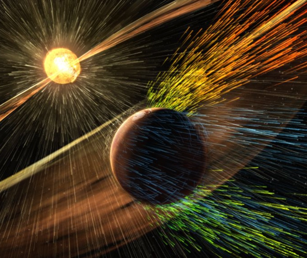 Artist's rendering of a solar storm hitting Mars and stripping ions from the planet's upper atmosphere