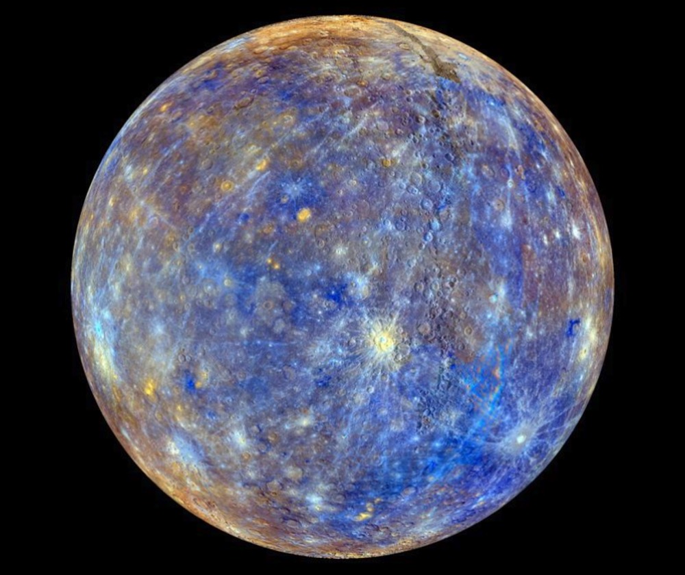 This colorful view of Mercury was produced by using images from the color base map imaging campaign during Messenger's primary mission