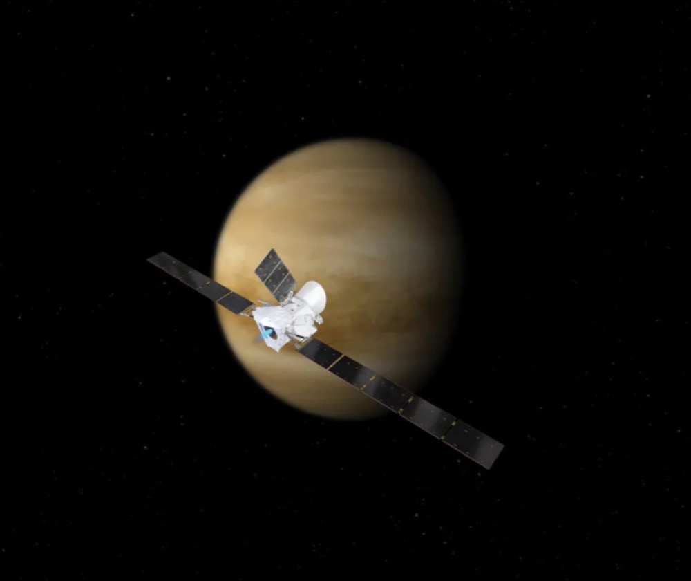 An artist's depiction of BepiColombo during one of its two Venus flybys en route to Mercury