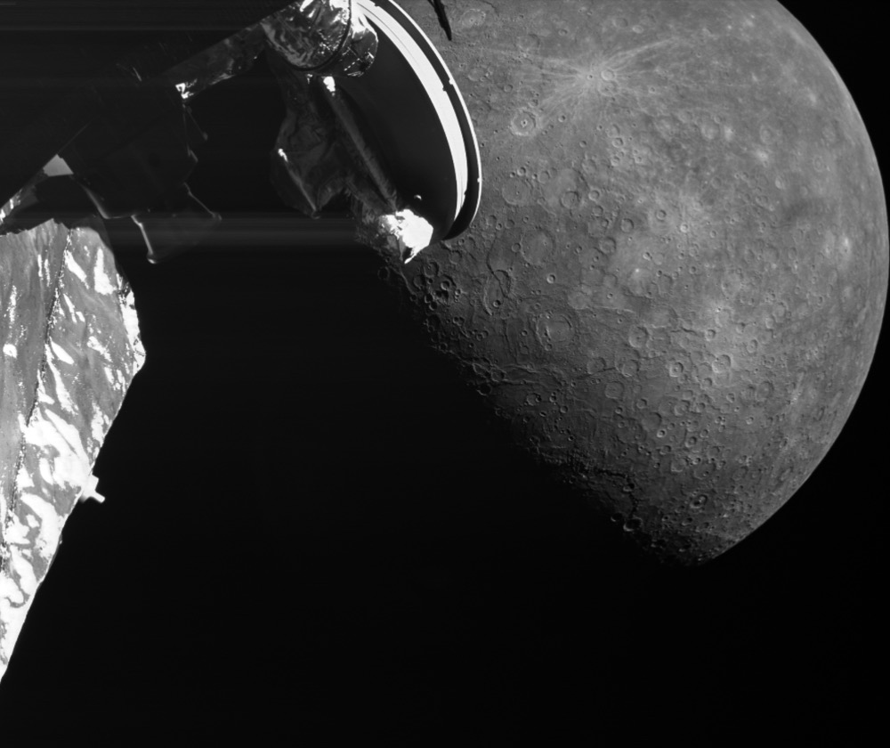 Three images taken as BepiColombo passed by Mercury