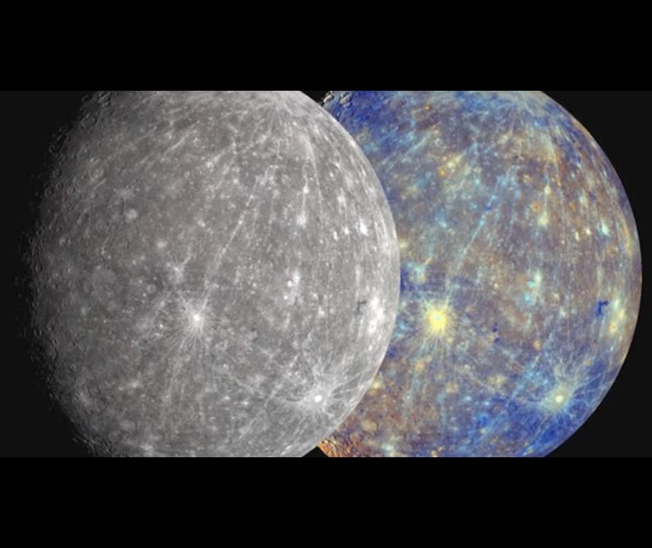 Mercury seen by NASA's Messenger spacecraft on the left. On the right, an approximation of Mercury's true color as might be seen by the human eye.
