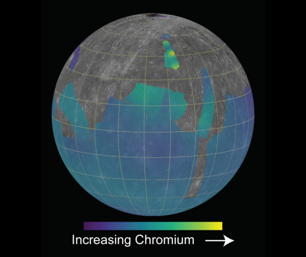 A map of the distribution of chromium on Mercury, first time that chromium has been directly detected and mapped across any planetary surface