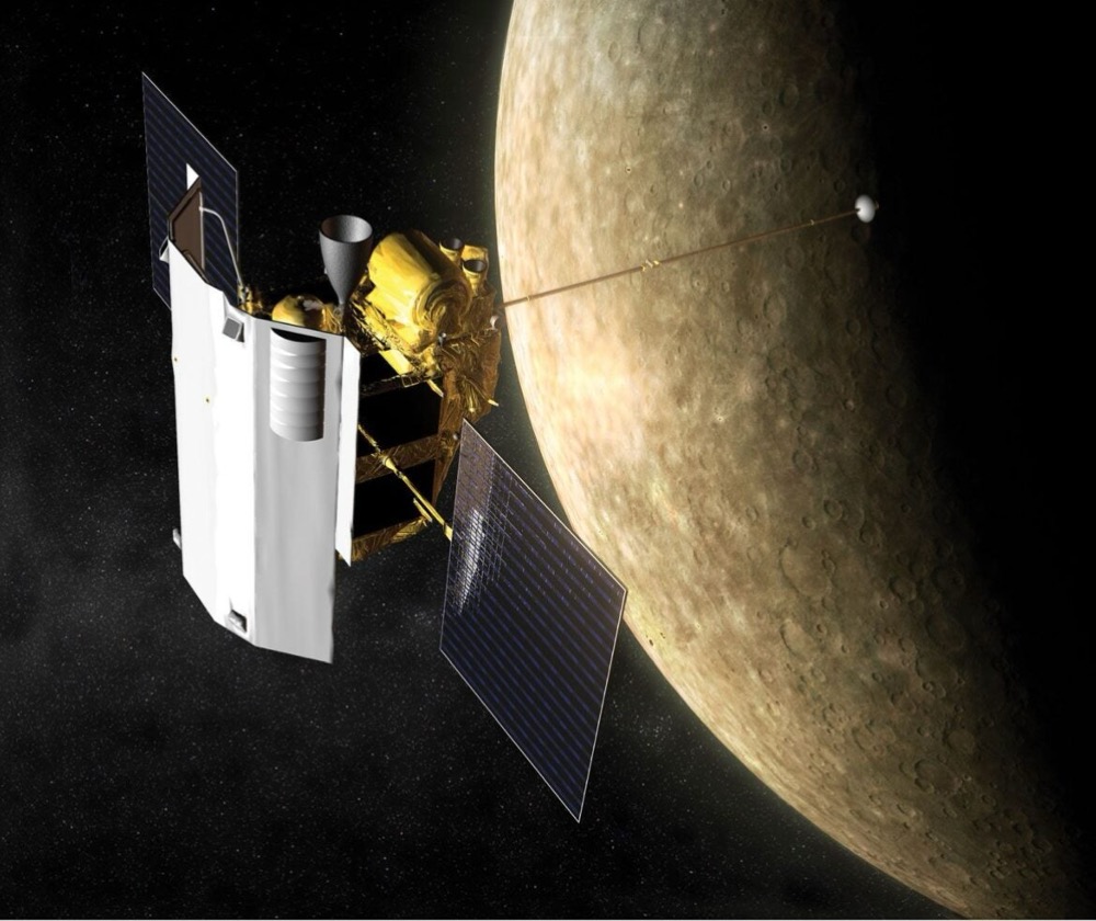 An artist's impression of the MESSENGER spacecraft at Mercury