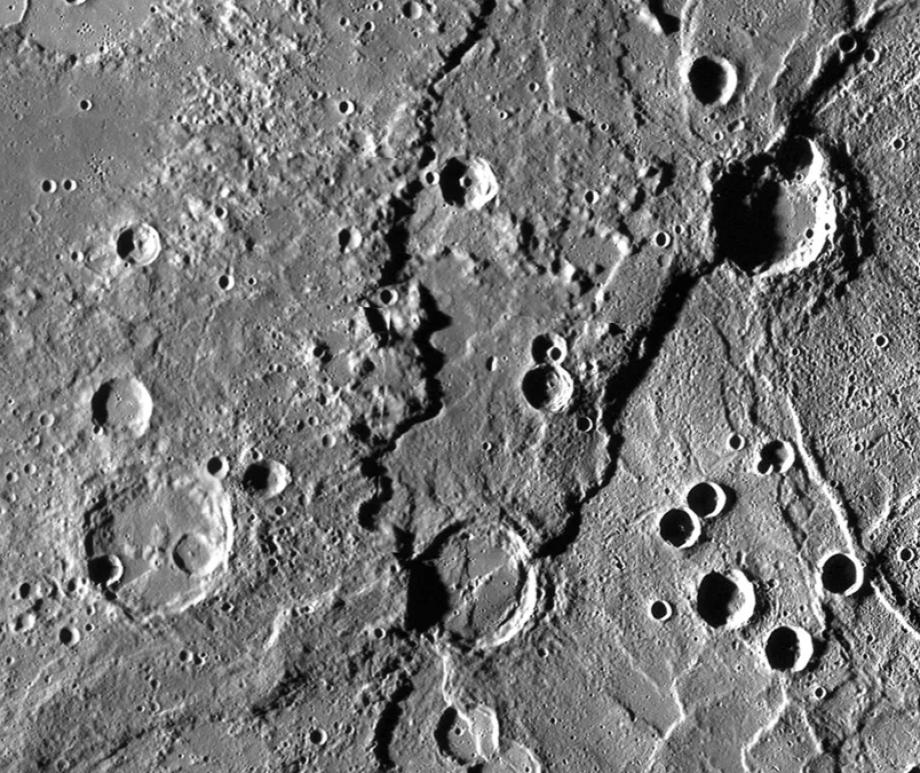 A close up of the Enterprise Rupe fault that runs through the Rembrandt Basin crater