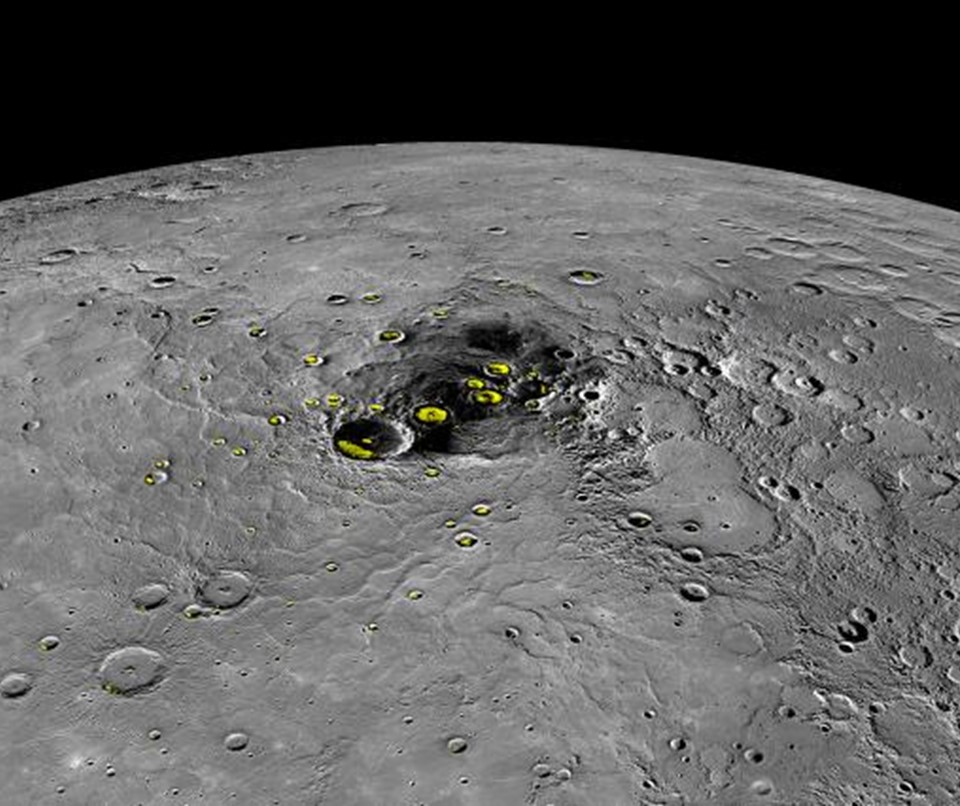 Mercury's north pole. Yellow circles indicate evidence of water ice.