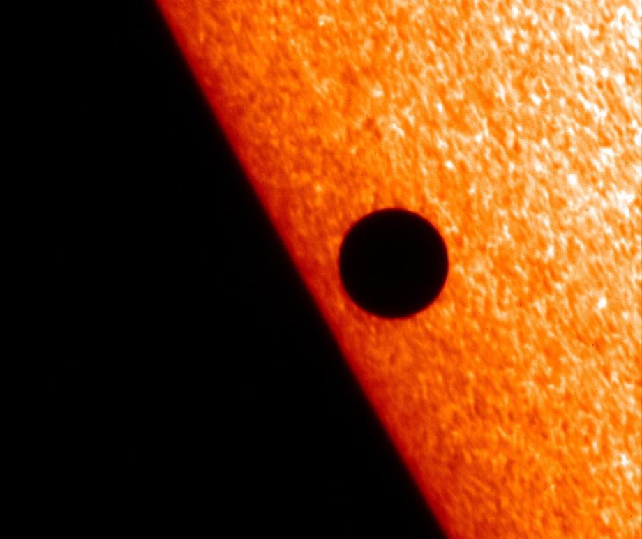 This image of Mercury passing in front of the sun was captured on November 8, 2006, by the Solar Optical Telescope (SOT), one of three primary instruments on board the Hinode solar observatory.