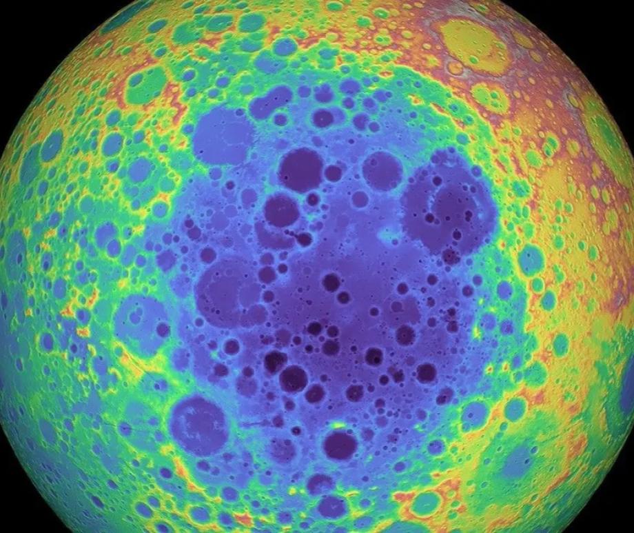 Elevation data shows the lunar South Pole-Aitken Basin, the largest and oldest impact basin on the moon, in blue and purple