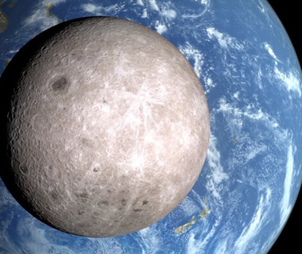 Composite image of the far side of the Moon with Earth in the background