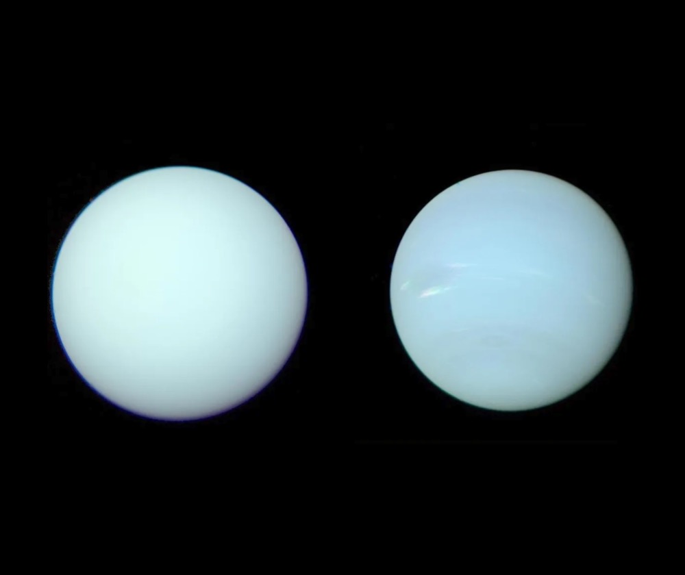 'True' color images show the estimated real hues of two solar system planets. Uranus is on the left while Neptune is on the right
