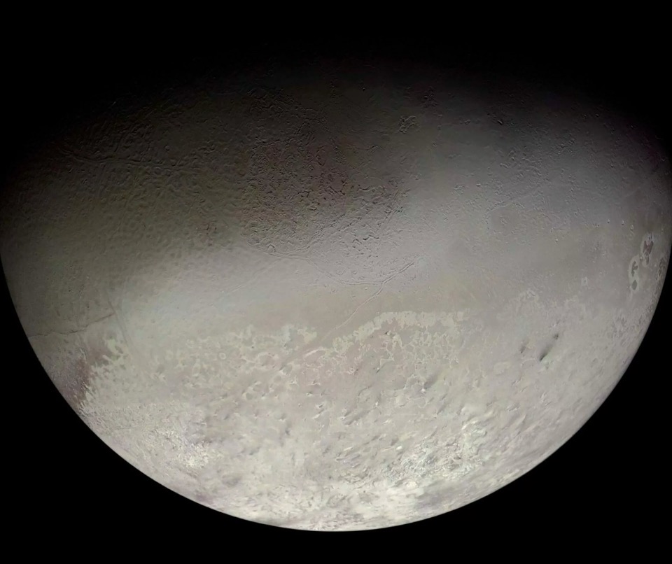 Voyager 2 acquired the images for this high-resolution mosaic of Triton on 25 August 1989. Visible in the south are dark splotches formed by nitrogen geysers that could be linked to a subsurface ocean