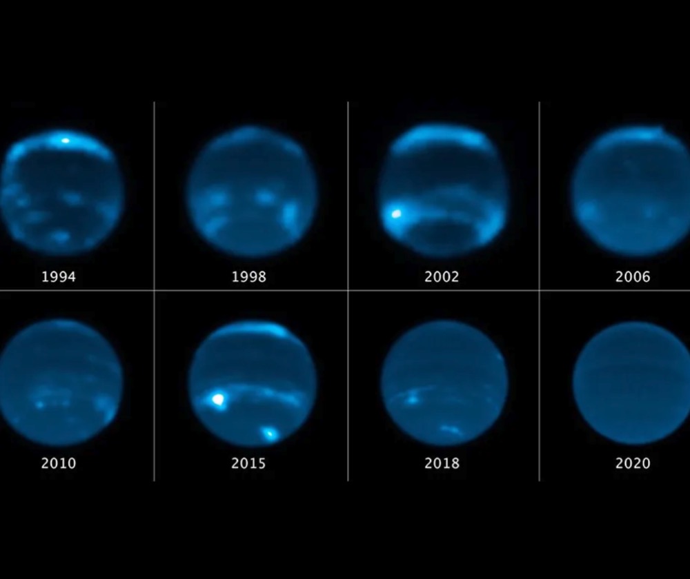 This sequence of Hubble Space Telescope images chronicles the waxing and waning of the amount of cloud cover on Neptune