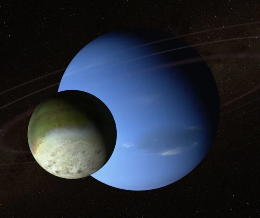 An artist's depiction of Neptune and its largest moon, Triton