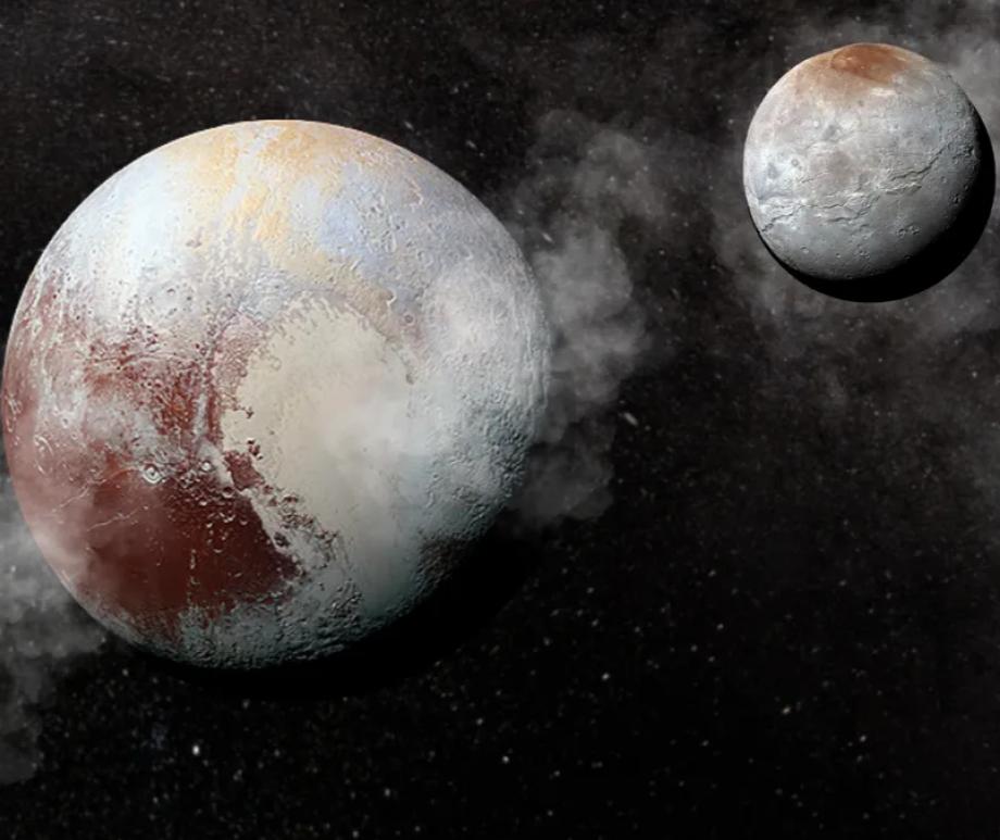 An illustration shows Pluto and its largest moon Charon