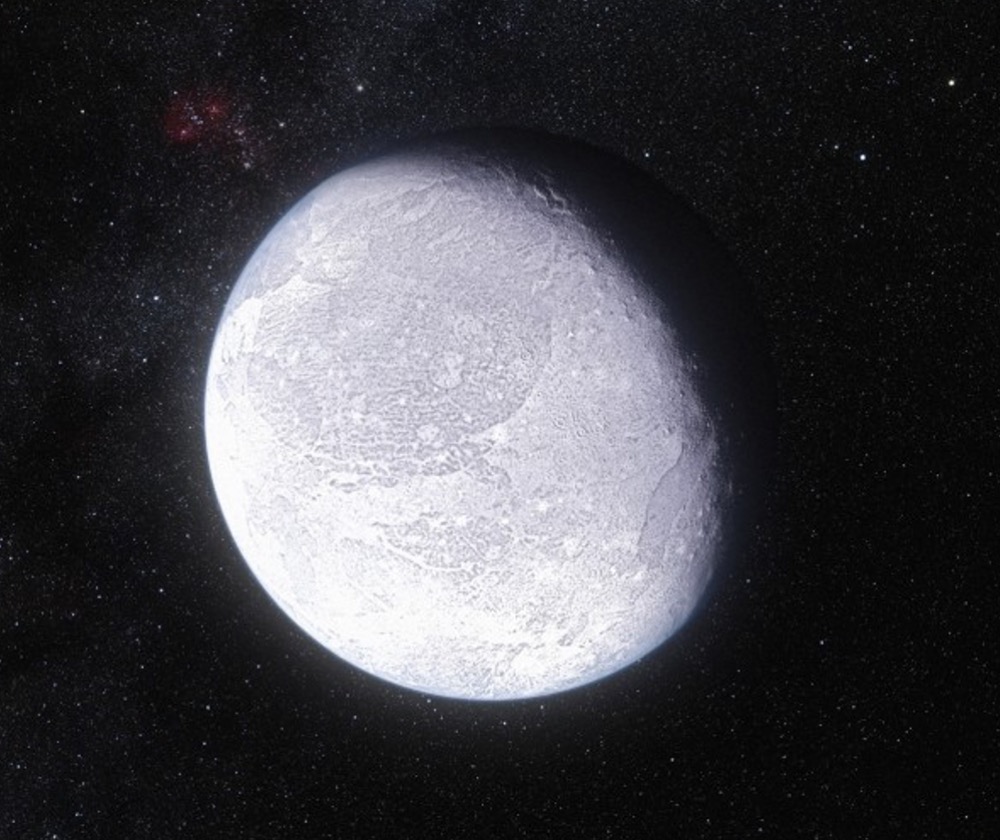 The distant dwarf planet Eris (artist's impression) rotates in synchrony with its moon Dysnomia