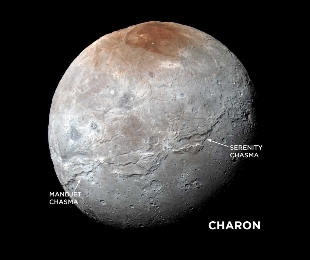 A image of Charon with labels indicating chasms in its surface that may be caused be a frozen internal ocean