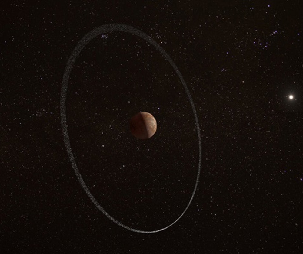 Quaoar, seen here in this artist’s concept, is an icy dwarf planet like Pluto. But with a diameter of just 700 miles (1,100 kilometers), it is only about half the diameter of Pluto