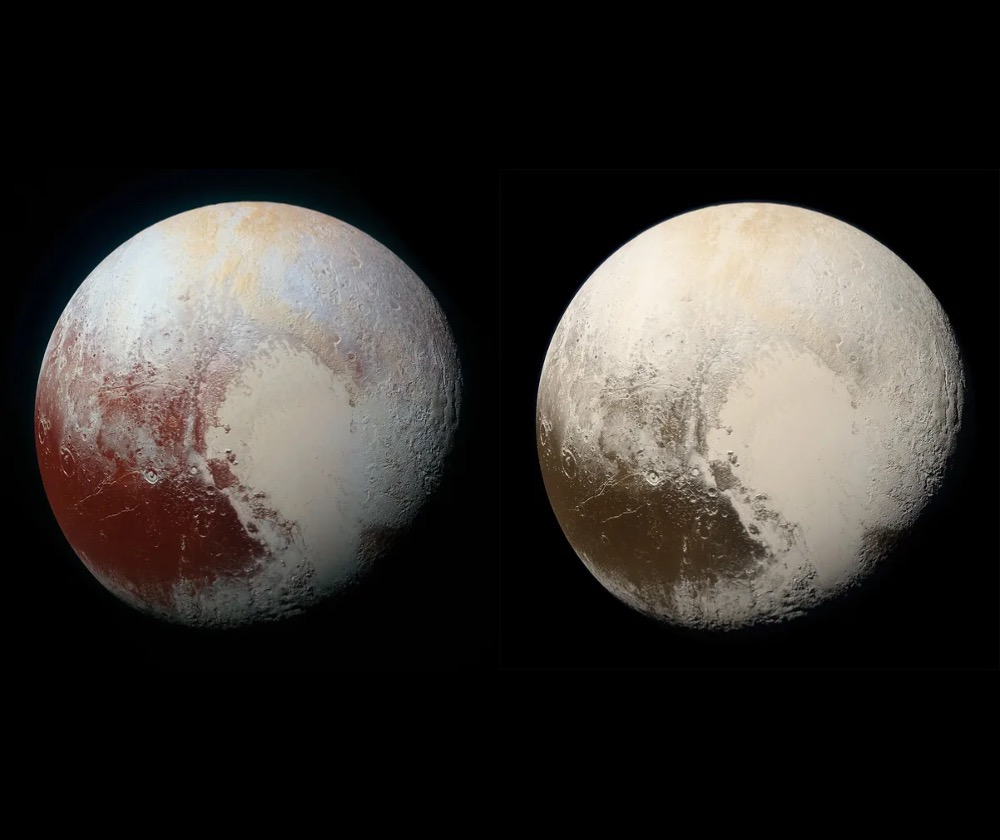 Left: New Horizons' view of Pluto released in 2015 and right: a 'true' colour image of Pluto released in 2018