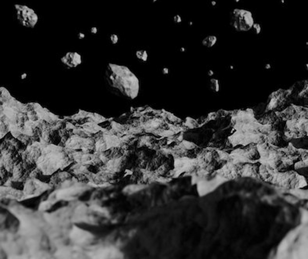 Artist's rendetion of rocks and boulders blown off a planet's surface by a collision