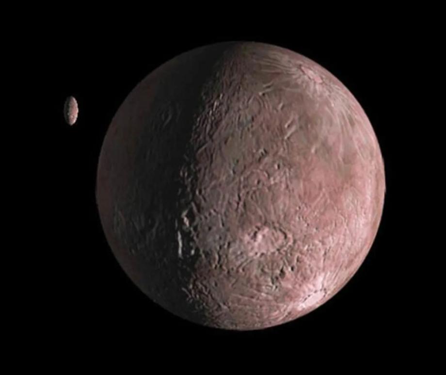 An artist's conception of Quaoar and its small moon Weywot.
